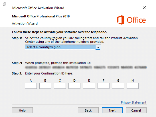 activate office 2019 by phone