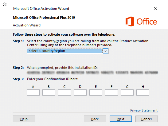 ms office activation wizard confirmation code