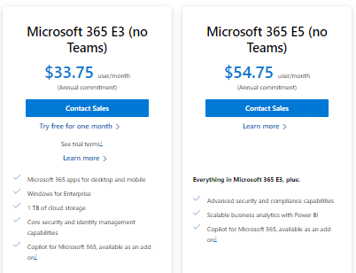 microsoft 365 e3 vs e5 price comparison